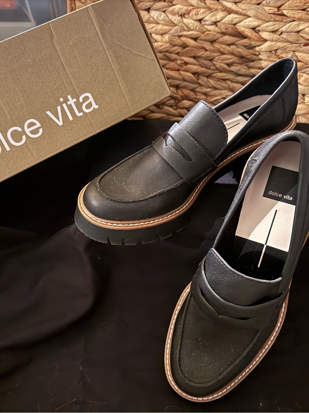 Dolce Vita Black Leather Lug-Sole Penny Loafers. Smoke Free Home. never worn.